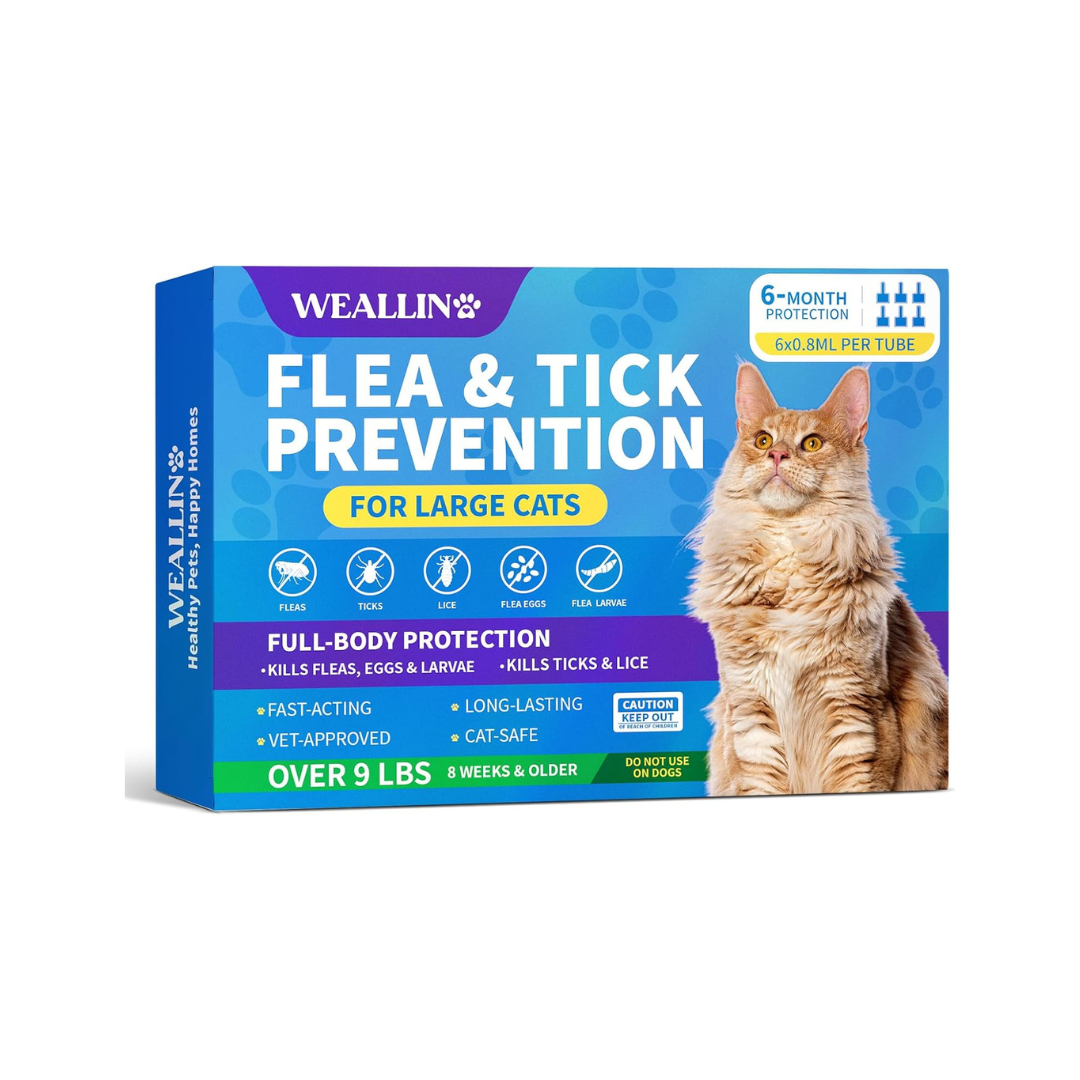 Flea and Tick Prevention for Large Cat, Fleas and Ticks Treatment for Cats Over 9 lbs, Topical Cat Flea Treatment, Fast-Acting & Long-Lasting Fleas Control for Cats, 6-Dose Supply